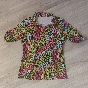 Tzu Tzu Zip Up Polo Neon Rainbow Leopard Print Size Medium